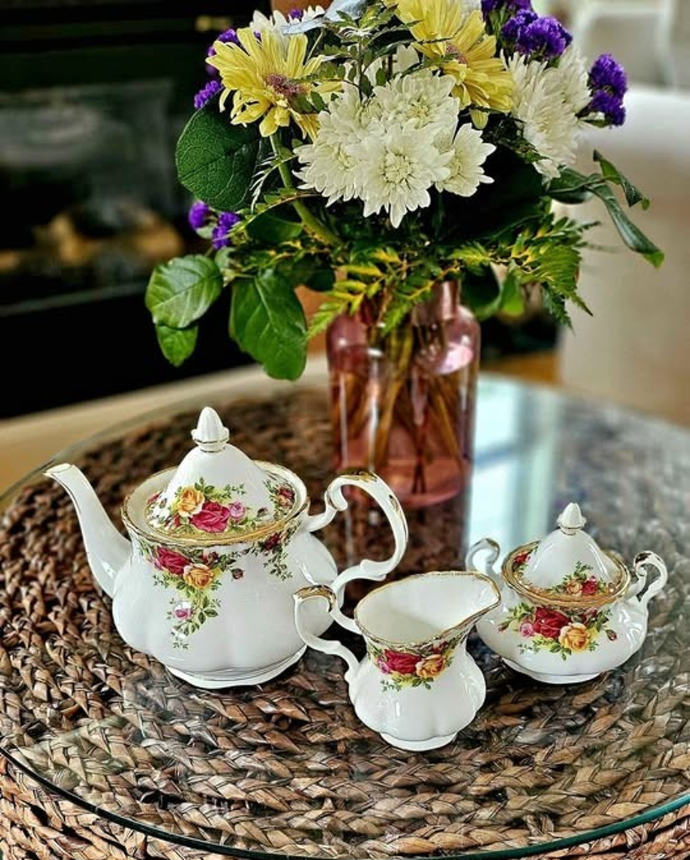Royal Albert Old Country Roses Teapot Creamer Sugar Bowl Set Bone China England